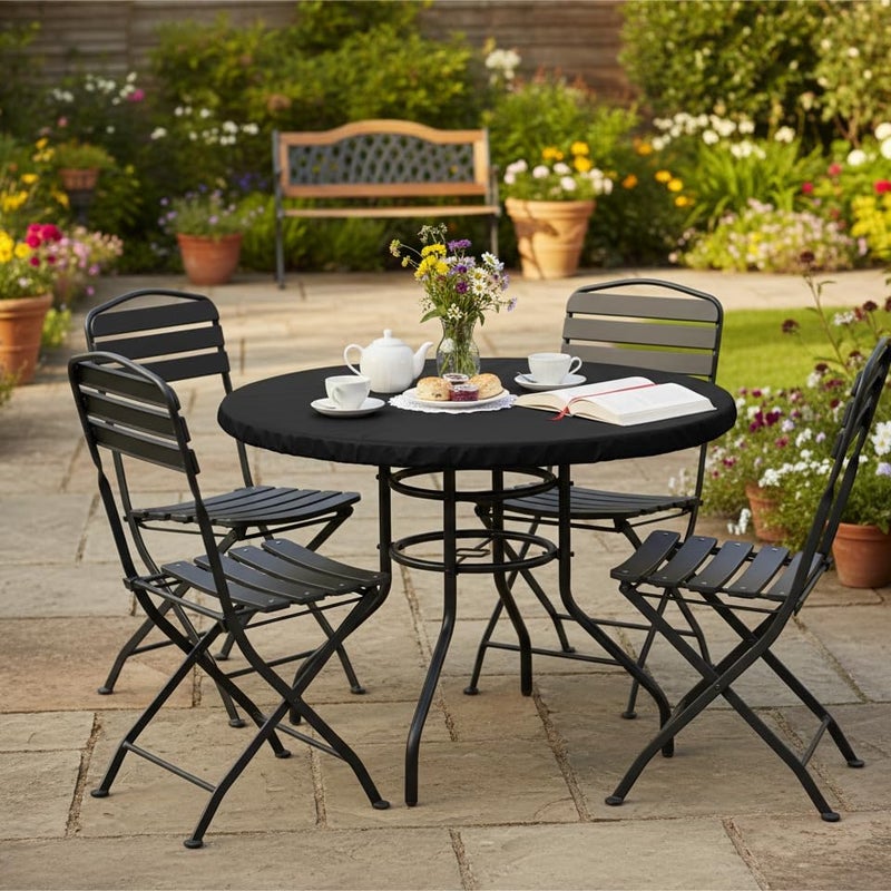 LUSHVIDA Round Waterproof Table Cover Elastic Vinyl Fitted Tablecloth Elastic Edged Plastic Table Cloth (Black, Best for Up to 36"-44" Round) - Image 4
